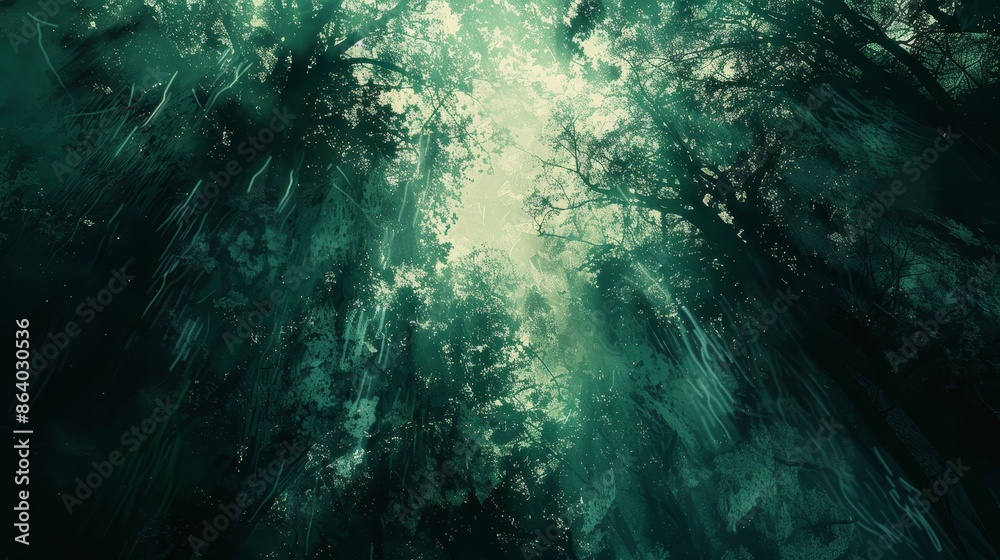 Fototapeta premium Shadowy trees with lights on a dark emerald to bright teal gradient