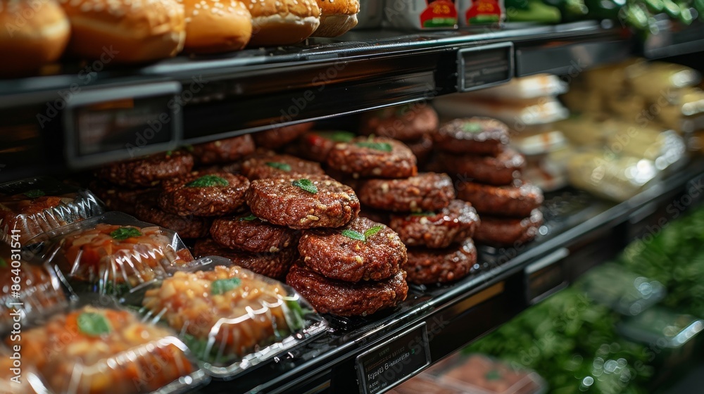 Seasoned Plant-Based Patties in Supermarket - Concept Plant-Based Food Seasoned Plant-Based Patties in Supermarket - Concept Plant-Based Food