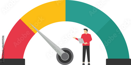 Market sentiment, fear and greed index, emotional on stock market or crypto currency trading indicator, investment risk psychology concept, businessman investor meditating on market sentiment gauge.

