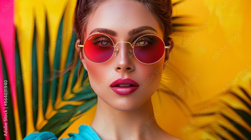 Fototapeta premium Generate a high-resolution image of a stylish woman with tropical sunglasses, showcasing a vibrant paradise
