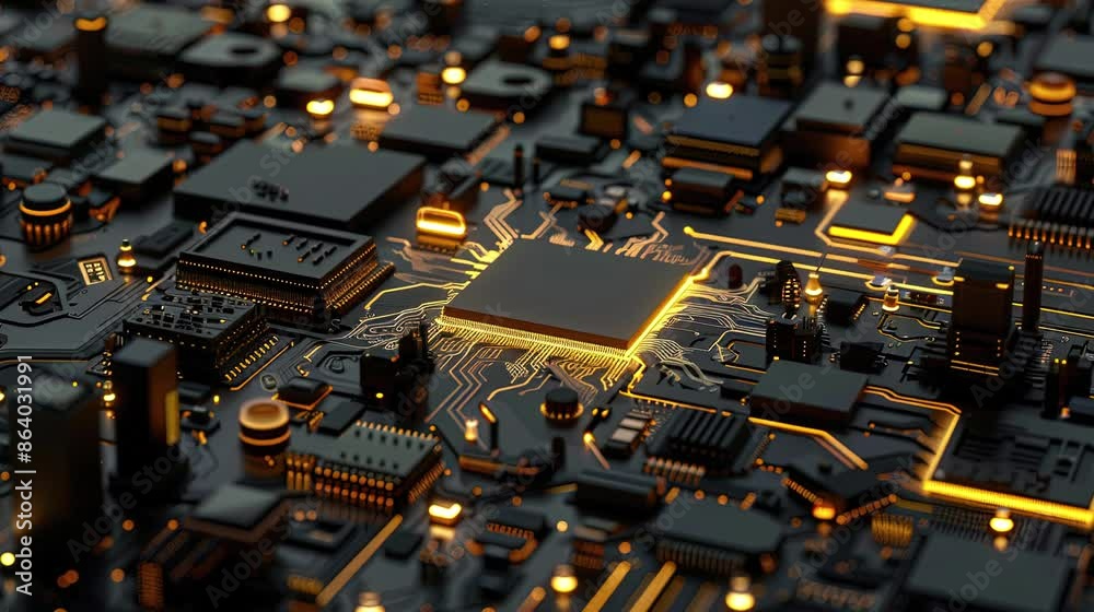 3D rendering of highly detailed circuit board with black chip in the middle. Video footage. 3D rendering of highly detailed circuit board with black chip in the middle. Video footage.