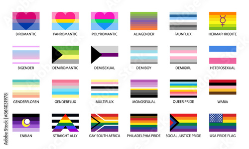 Set of lgbtqia community flags. Pride Day. LGBT Pride Month illustrations, LGBTQ concept. Gender equality and sexual identity, support for homosexuality. Icons flags set for International lgbt