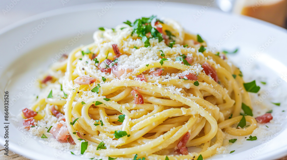 Spaghetti Carbonara on a white plate, an Italian pasta dish with a creamy carbonara sauce, parmesan cheese and bacon slices Spaghetti Carbonara on a white plate, an Italian pasta dish with a creamy carbonara sauce, parmesan cheese and bacon slices