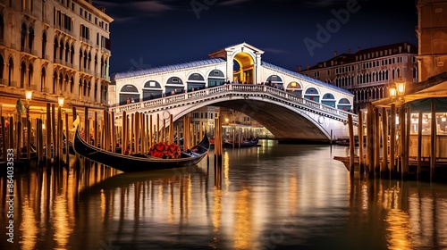 A night-time view of the Rialto Bridge in Venice, Italy. The bridge is lit up and has a distinctive arched design.