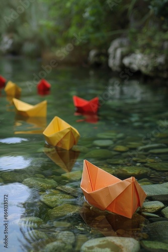 Origami boats floating down a clear stream, symbolizing the journey and exploration of new ideas. 