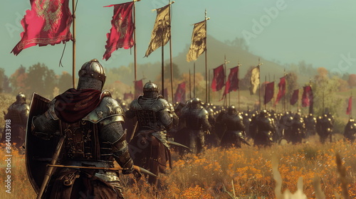 A large army of armored infantry and cavalry marches across a field towards the horizon, their red banners billowing in the wind. The soldiers are heavily armed and appear prepared for battle photo