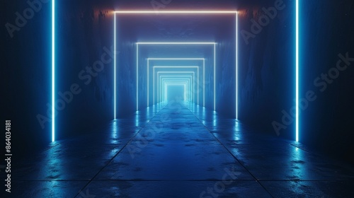 A long, narrow hallway with blue walls and neon lights