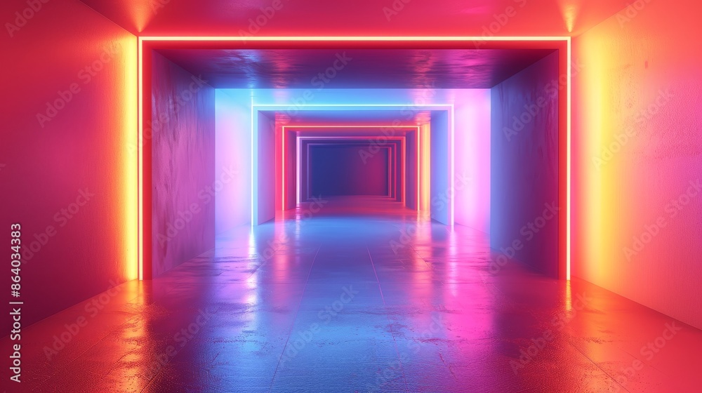 A long hallway with neon lights on the walls A long hallway with neon lights on the walls