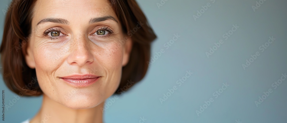 Naklejka premium Woman after a noninvasive facelift treatment, smiling with tightened skin, posttreatment, rejuvenated appearance