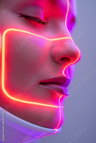 Closeup of a face being treated with a laser for collagen production, laser therapy, antiaging treatment