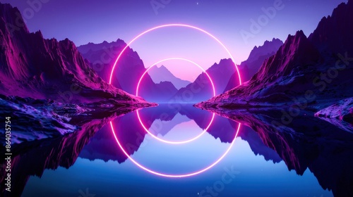 A surreal landscape with purple mountains and a still lake reflecting a neon pink circle in the sky photo