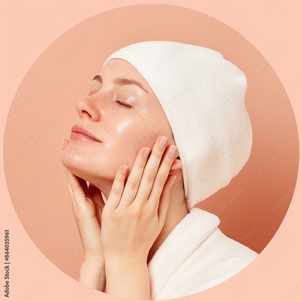 Woman after a skin tightening treatment, touching her smooth and firm skin, posttreatment, satisfied patient Woman after a skin tightening treatment, touching her smooth and firm skin, posttreatment, satisfied patient