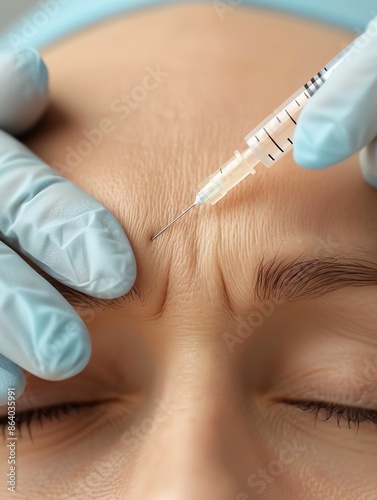 Doctor performing a Botox injection to lift and smooth the forehead, Botox, cosmetic injection photo