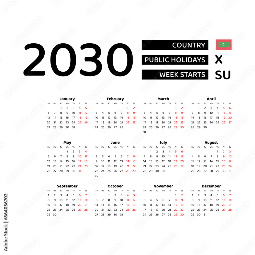 Calendar 2030 English language with Maldives public holidays. Week starts from Sunday. Graphic design vector illustration. Calendar 2030 English language with Maldives public holidays. Week starts from Sunday. Graphic design vector illustration.