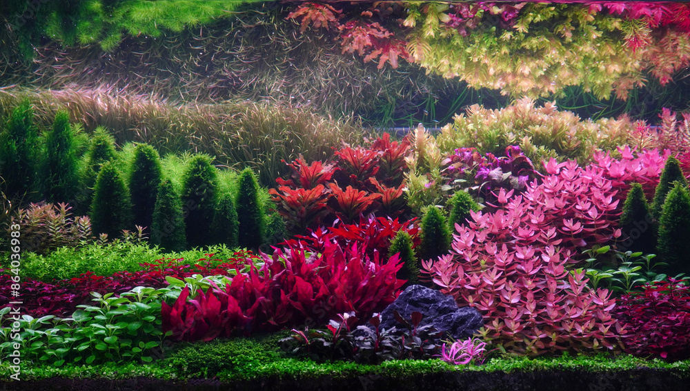 Fototapeta premium Colorful planted aquarium tank. Aquatic plants tank. Dutch inspired aquascaping with colorful aquatic stem plants. Aquarium garden, selective focus
