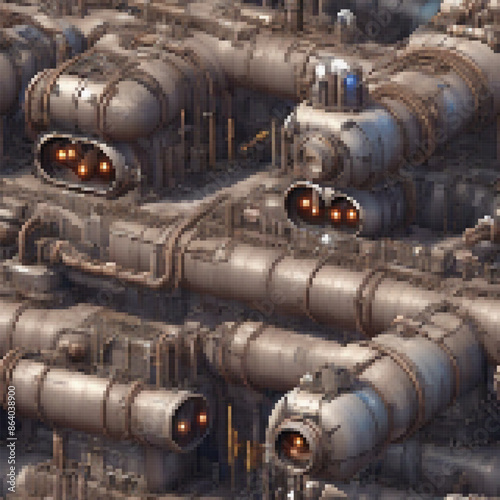 Industrial pipeline system. Seamless pattern. Vector pixelated illustration. Pixel design.