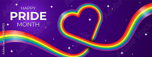 pride month banner with rainbow ribbon with stars in heart in purple background