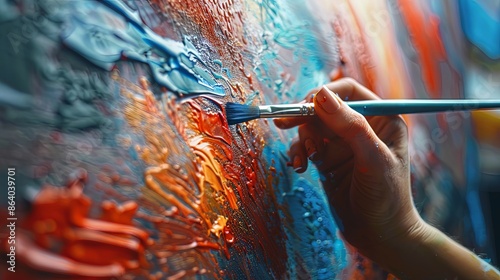 An artist's hand is seen applying bright and bold colors with a brush on a textured abstract canvas, capturing the essence of modern art through detailed brushstrokes.