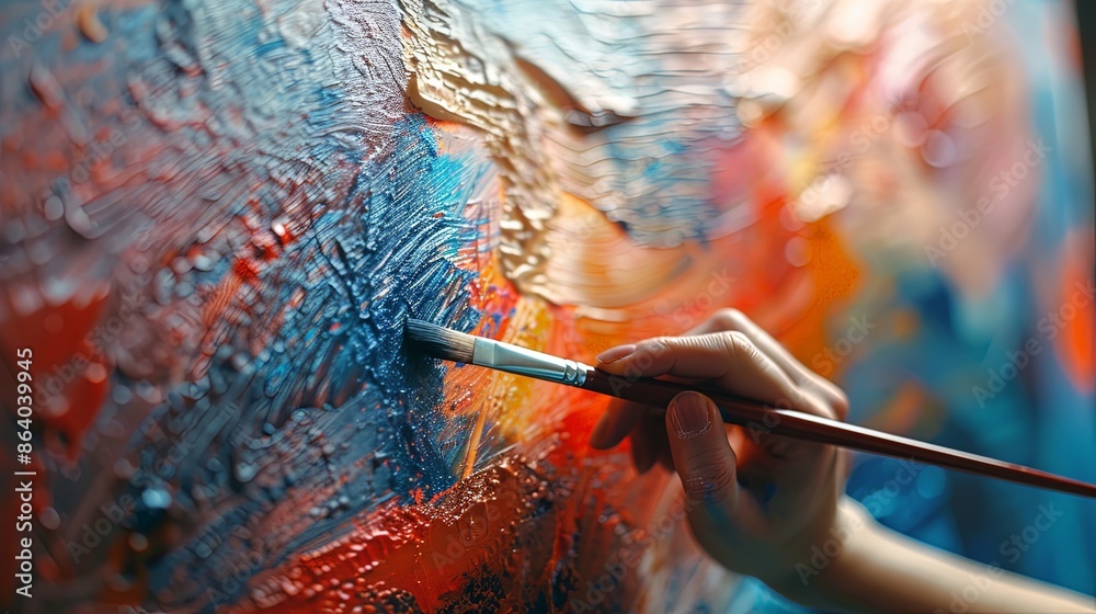A close-up shot of an artist's hand blending vibrant paint strokes on a textured canvas, focusing on the meticulous brushwork and rich color combination of the abstract artwork. A close-up shot of an artist's hand blending vibrant paint strokes on a textured canvas, focusing on the meticulous brushwork and rich color combination of the abstract artwork.