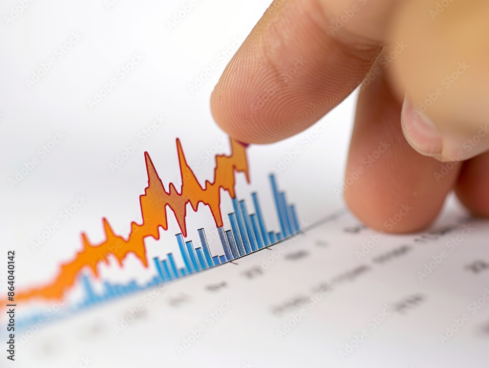 A finger leads the stock chart line up on a white background. A finger leads the stock chart line up on a white background.
