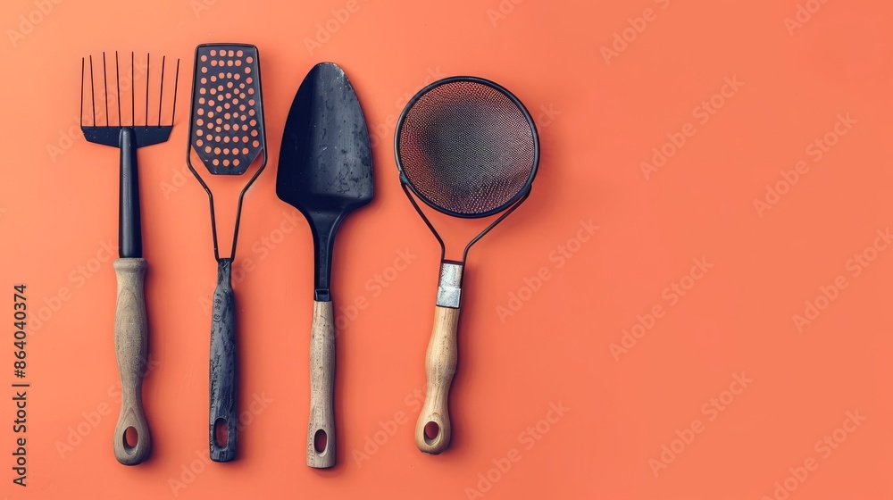 Gardening tools set with garden sieve and soil sifter isolated on a solid apricot background Gardening tools set with garden sieve and soil sifter isolated on a solid apricot background