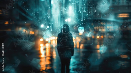 The photo shows a person walking alone in a dark and rainy city street. The person is wearing a black hoodie and black pants. The street is lit by the lights of the city. The photo is taken from a low photo