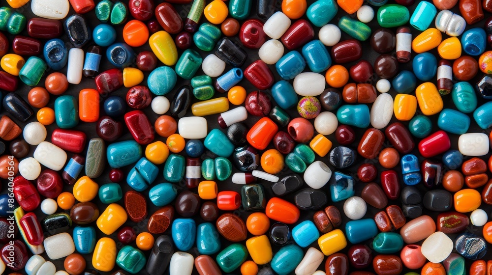 Tightly packed colorful beads, variety of shapes, rich hues, filling the entire frame, detailed and vibrant, a mosaic of colors
