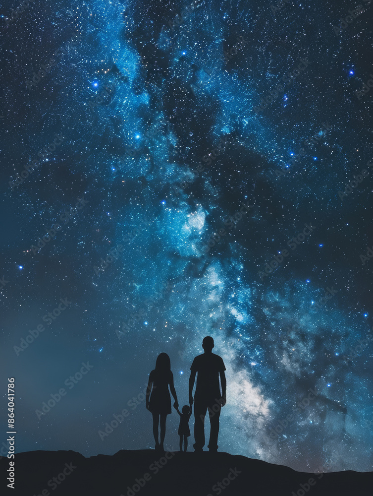 Fototapeta premium Silhouettes of a young family with a child standing on a hill against the background of the night starry sky.
