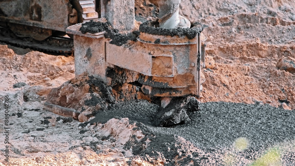 Construction Site Pale Driver Equipment Drill Covered in Fresh Concrete Cement during Foundation Laying Works Construction Site Pale Driver Equipment Drill Covered in Fresh Concrete Cement during Foundation Laying Works