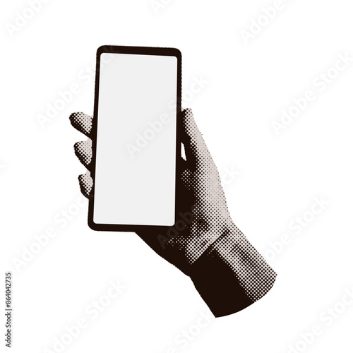 Trendy retro halftone collage of a hand with a phone. Scrolling, social networks concept element with a dotted texture. Place for QR code, scan. Vector illustration.