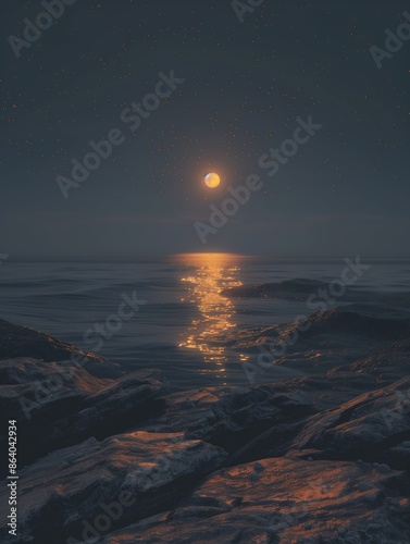 Surreal moonrise over a tranquil horizon, with a minimalist silhouette of the landscape below, neon stars scattered across the deep night sky, creating a dreamy and abstract connection to the emotiona photo