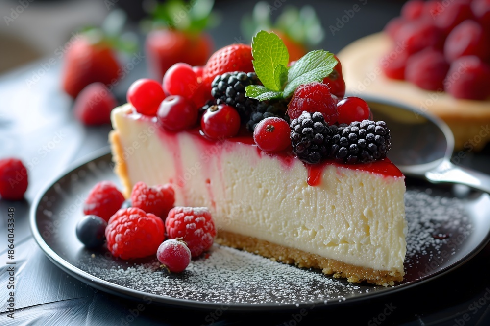 A gourmet slice of cheesecake served on a black plate and topped with a variation of delicious fresh berries