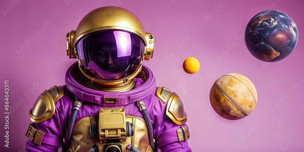 Astronaut in a purple and gold space suit, standing on a purple background generated by AI Astronaut in a purple and gold space suit, standing on a purple background generated by AI