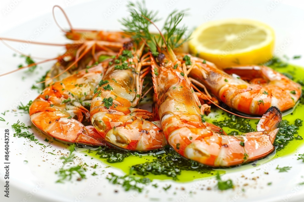 Skewered Tiger Prawns, Grilled King Shrimps, Prawns Fried with Garlic, Herbs, Spices, Lime and Greens Skewered Tiger Prawns, Grilled King Shrimps, Prawns Fried with Garlic, Herbs, Spices, Lime and Greens