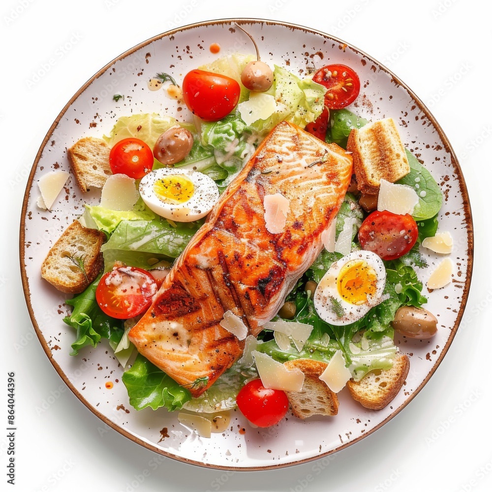 Caesar Salad with Grilled Salmon, Red Fish Fillet Salat, Quail Egg, Mini Baguette Crackers Caesar Salad with Grilled Salmon, Red Fish Fillet Salat, Quail Egg, Mini Baguette Crackers