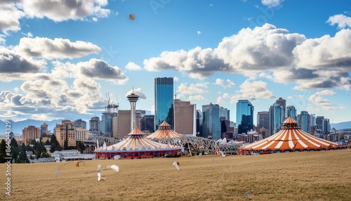 Portray the festive ambiance of the Calgary Stampede in Canada, with rodeo arenas and carnival rides under a clear blue sky dotted with fluffy clouds.
