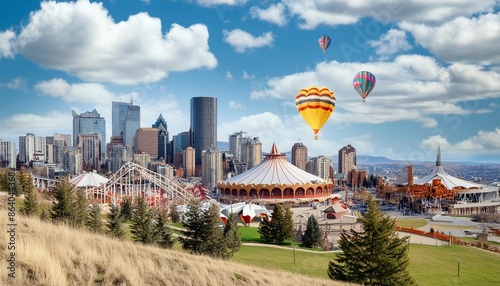 Portray the festive ambiance of the Calgary Stampede in Canada, with rodeo arenas and carnival rides under a clear blue sky dotted with fluffy clouds.