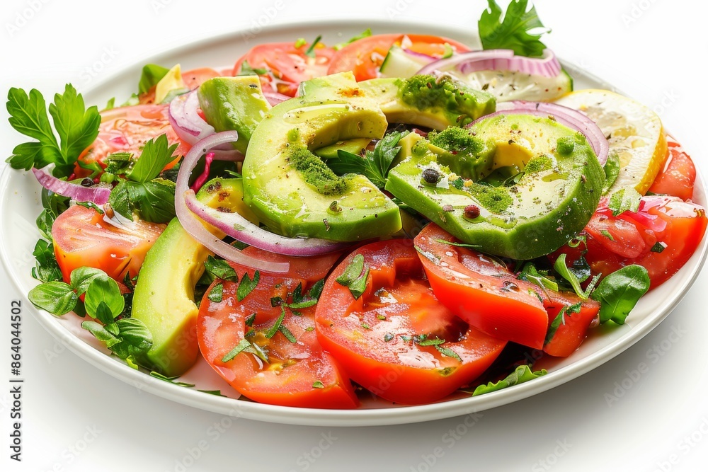Salad with Avocado, Tomatoes and Onions on Flat Restaurant Plate Isolated on White Background Salad with Avocado, Tomatoes and Onions on Flat Restaurant Plate Isolated on White Background