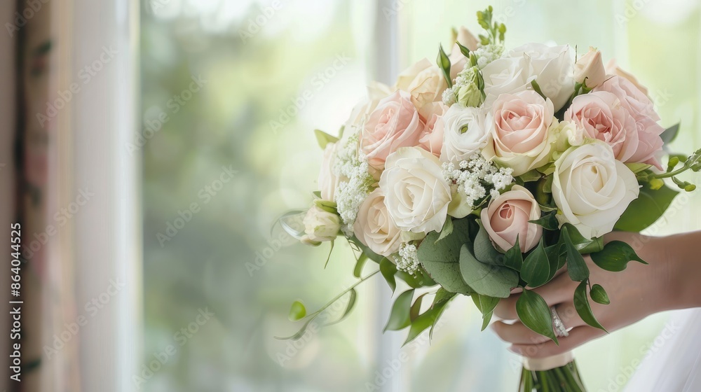 A bride holds a beautiful bridal bouquet of pink and white roses with eucalyptus and greenery. A bride holds a beautiful bridal bouquet of pink and white roses with eucalyptus and greenery.