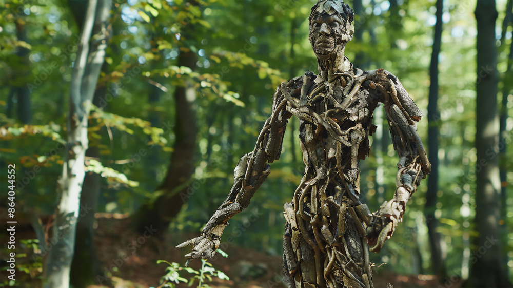 Fototapeta premium A man whose entire body was composed of tree bark transformed into a tree, set against the distant backdrop of a forest.