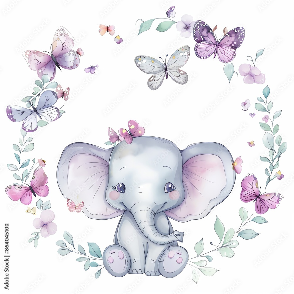 Obraz premium Cute elephant frame with butterfly edges, pastel colors, empty center, gentle animal illustration,