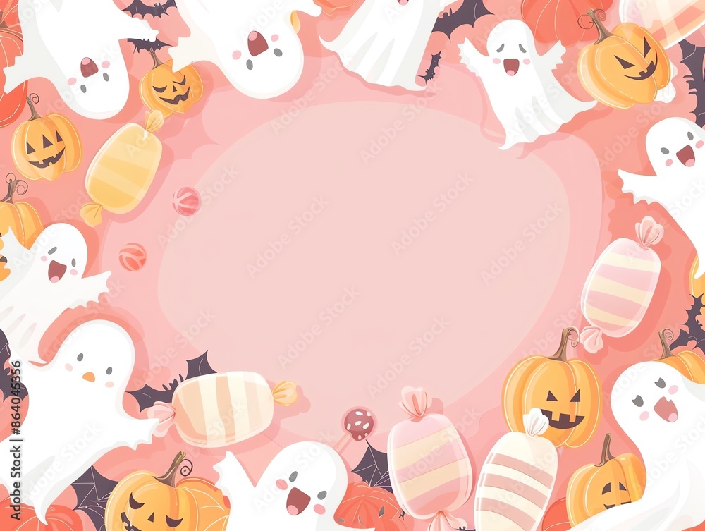 Halloween candy frame with ghosts and pumpkins, pastel tones, empty center, fun holiday illustration, Halloween candy frame with ghosts and pumpkins, pastel tones, empty center, fun holiday illustration,