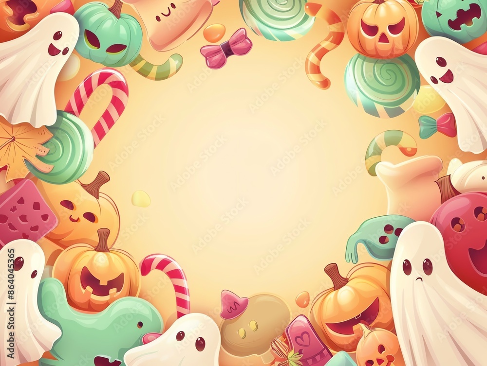 Obraz premium Halloween candy frame with ghosts and pumpkins, pastel tones, empty center, fun holiday illustration,