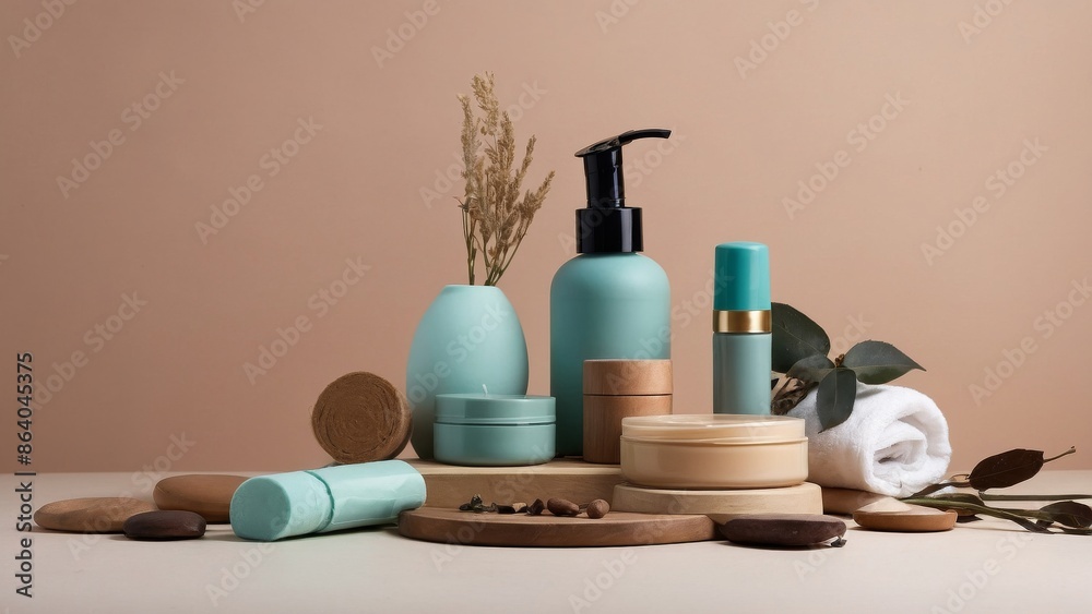 Cosmetology still life. Beauty salon concept. Round stones, bottles with products, creams, candles, and towels.