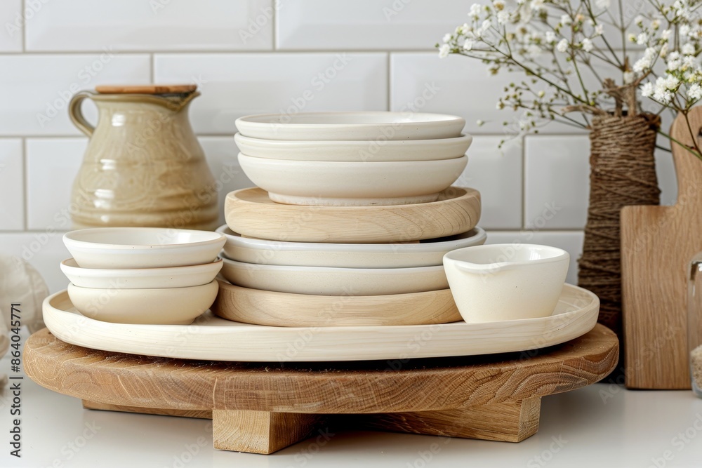Empty round wood tabletop counter in a clean and bright kitchen background, perfect for product display. Copy space. Empty round wood tabletop counter in a clean and bright kitchen background, perfect for product display. Copy space.