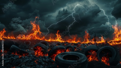Scene of multiple burning tires, intense flames under dark storm clouds, vivid red fire lightning strikes, dramatic and powerful visual photo