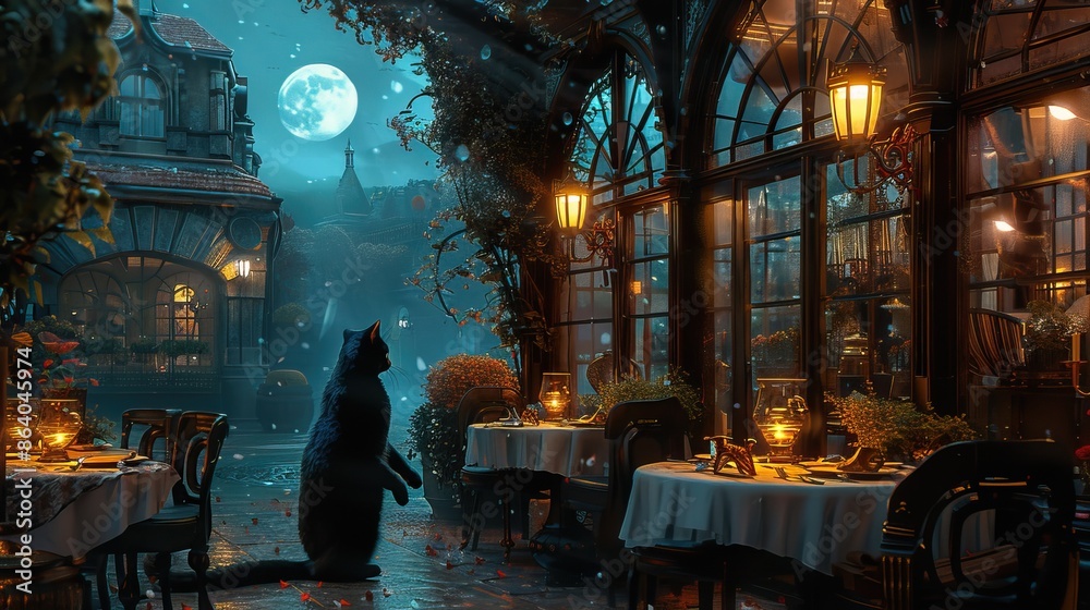 A serene nighttime scene of a cozy outdoor restaurant with a cat under the moonlight and warm, inviting lights illuminating the tables. A serene nighttime scene of a cozy outdoor restaurant with a cat under the moonlight and warm, inviting lights illuminating the tables.
