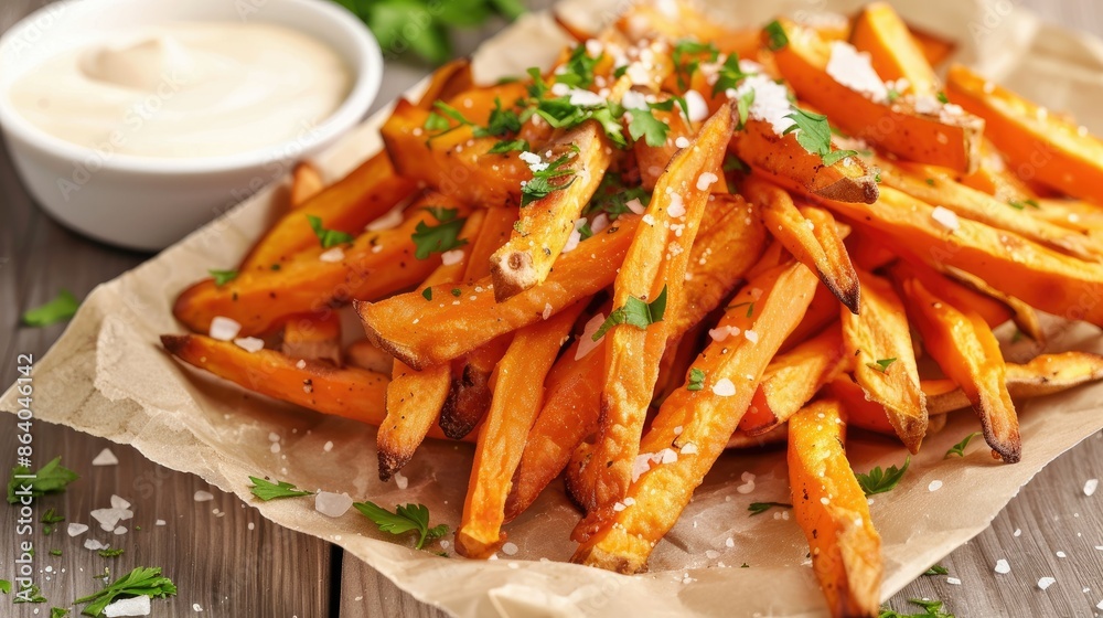 Crispy sweet potato fries seasoned with sea salt and served with a garlic aioli dip Crispy sweet potato fries seasoned with sea salt and served with a garlic aioli dip