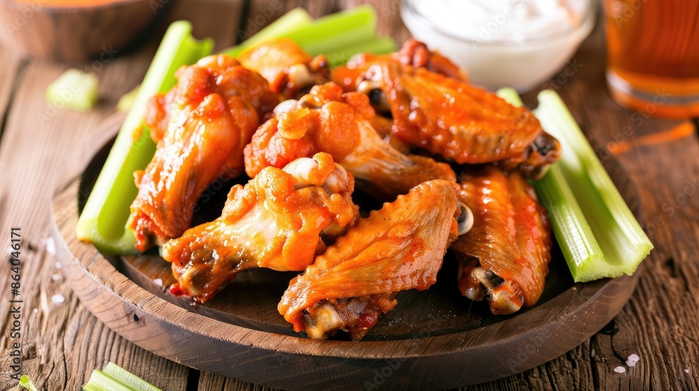 Delicious fried chicken wings on a platter with celery sticks and ranch dressing, perfect for game day or casual dining Delicious fried chicken wings on a platter with celery sticks and ranch dressing, perfect for game day or casual dining