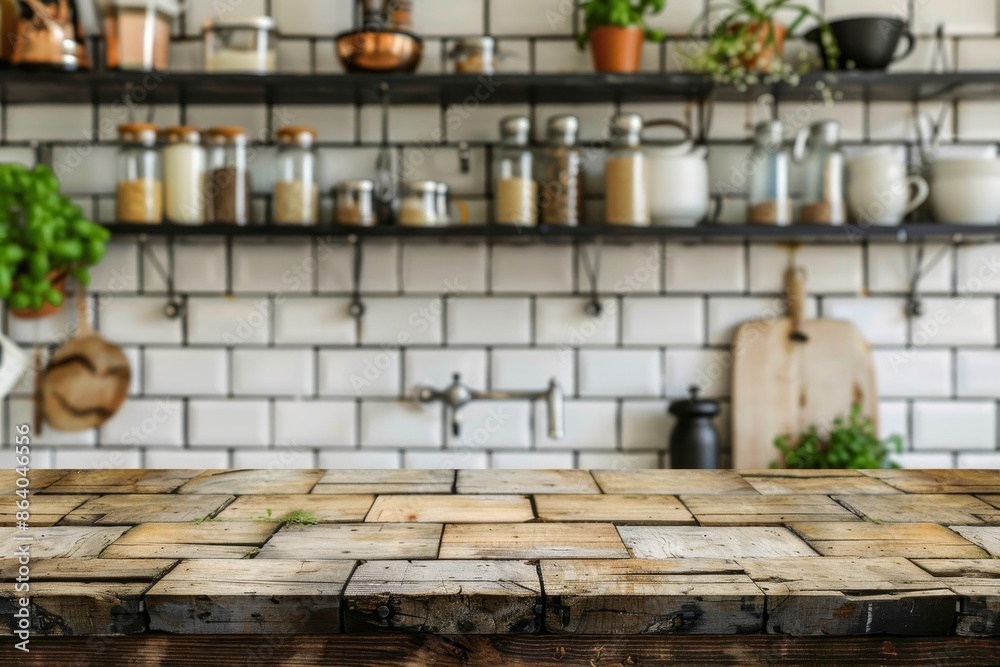 Wood table top on blurred kitchen background. can be used mock up for montage products display or design layout Wood table top on blurred kitchen background. can be used mock up for montage products display or design layout